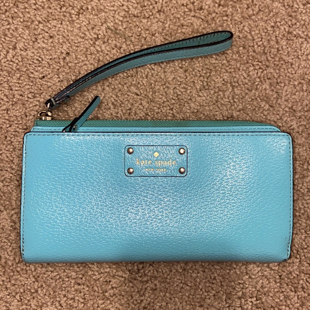 Kate Spade Aqua Blue Leather Zippered Full Size Wallet Wristlet Handle, VGC